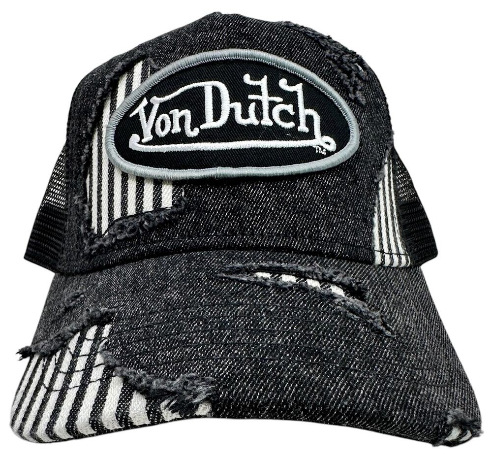 Von Dutch Trucker Hat Roadworn Distressed Rips Black Snapback Cap